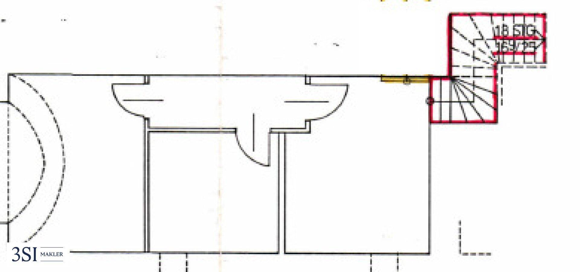 Ausschnitt eines Grundrisses, der ein Treppenhaus und zwei angrenzende Räume darstellt.