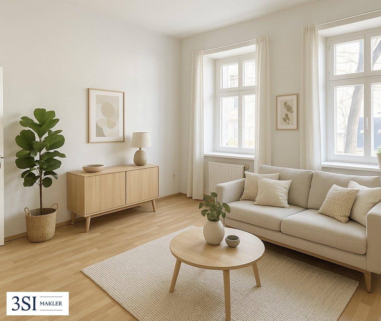 Helles Wohnzimmer mit Holzboden, beigem Sofa und zwei großen Fenstern, modern eingerichtet.