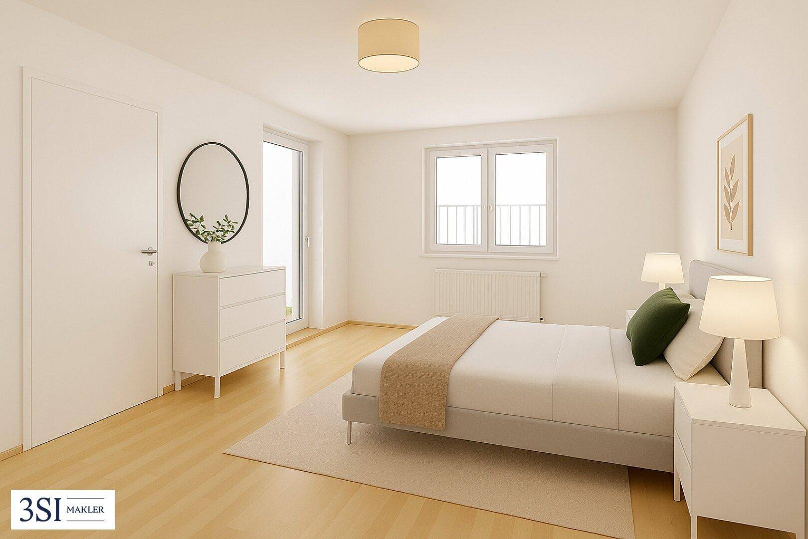 Helles Schlafzimmer mit modernem Design, Holzboden und Zugang zu einem französischen Balkon.