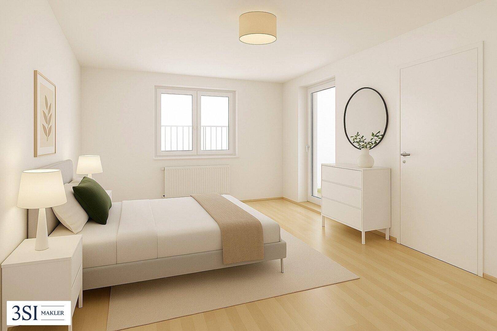 Modern eingerichtetes Schlafzimmer mit Doppelbett, Holzboden und Zugang zu einem französischen Balkon.