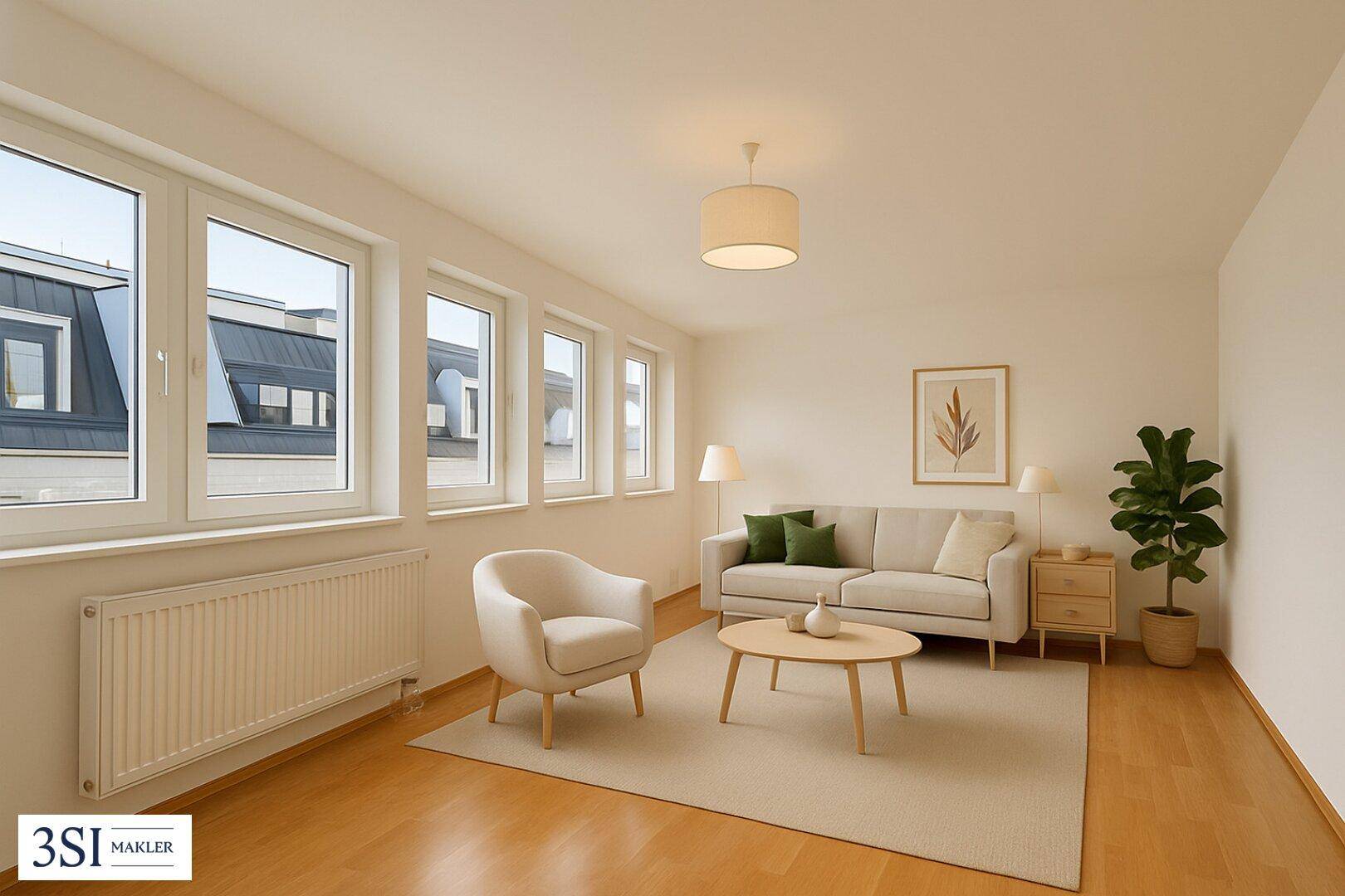 Helles Wohnzimmer mit moderner Einrichtung, Holzboden und großen Fenstern, die viel Tageslicht hereinlassen.