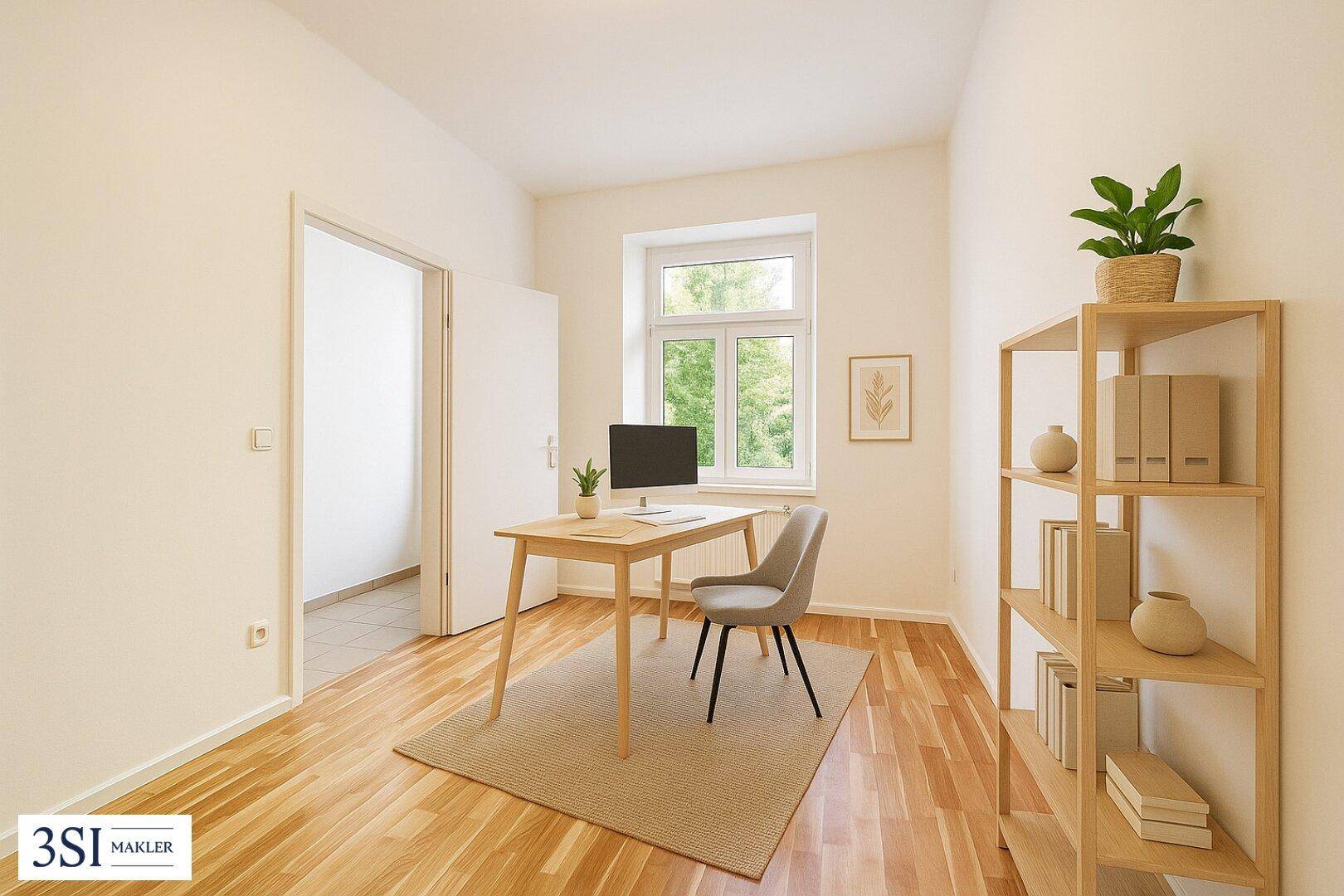 Helles Arbeitszimmer mit Holzboden, Schreibtisch und Regal, ideal für Home-Office.