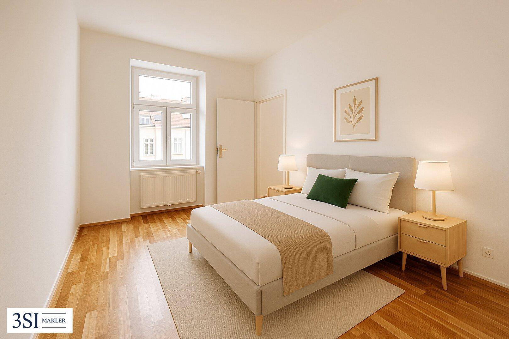 Gemütliches Schlafzimmer mit Holzboden, großem Fenster und minimalistischer Einrichtung.