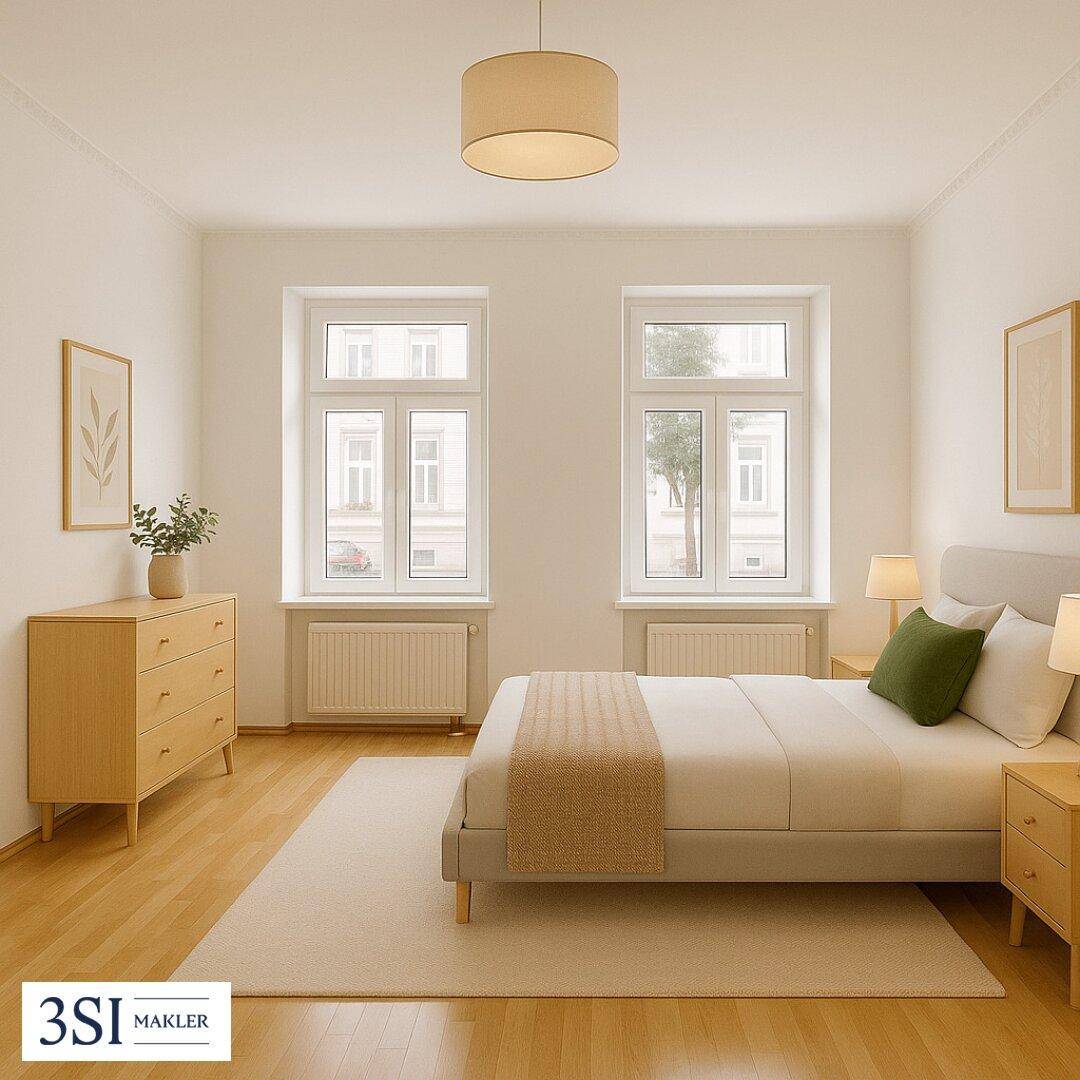 Helles Schlafzimmer mit Holzboden, zwei Fenstern und schlichter Einrichtung.