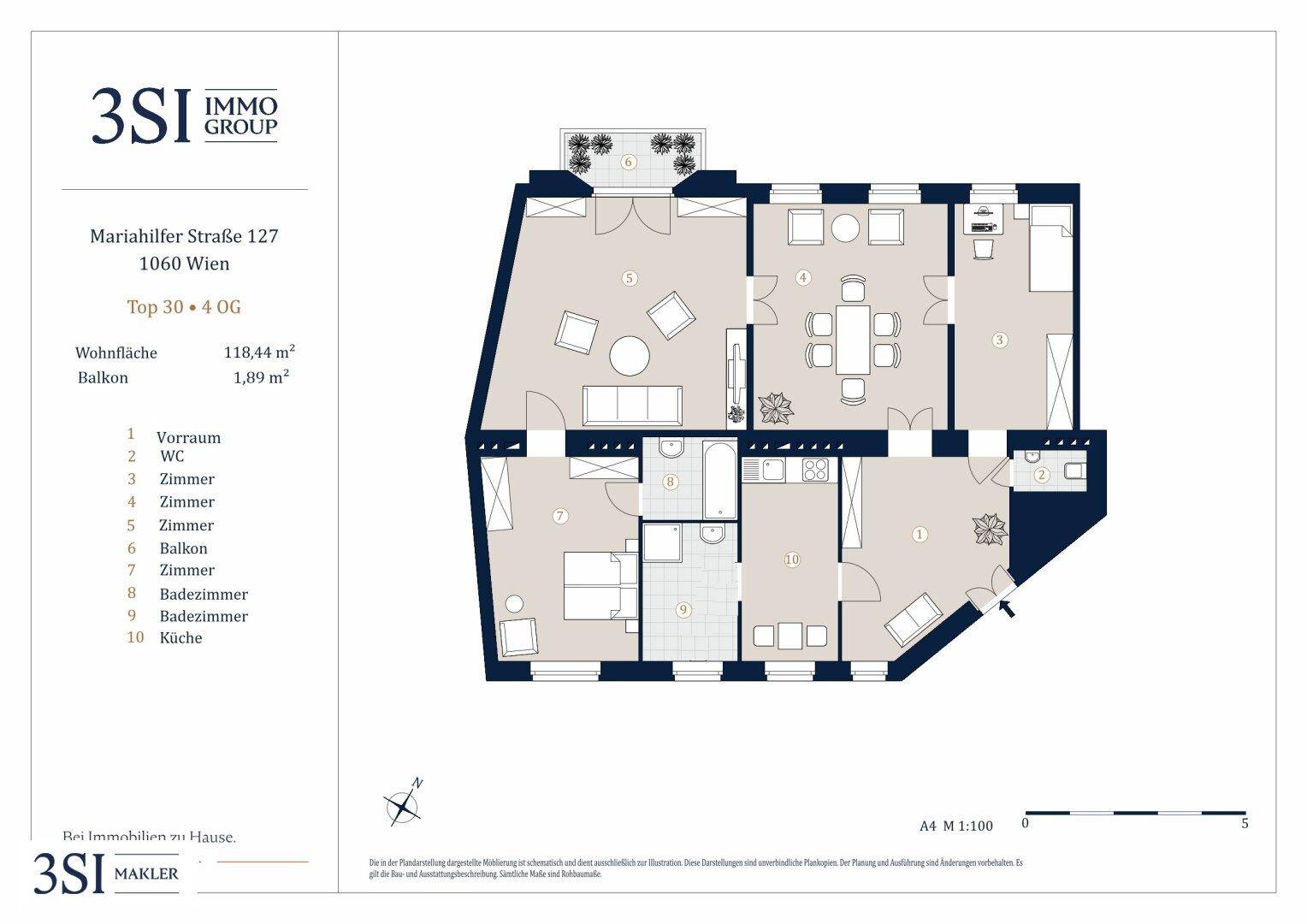 Detaillierter Grundriss einer Wohnung mit 118,44 m² Wohnfläche und Balkon.