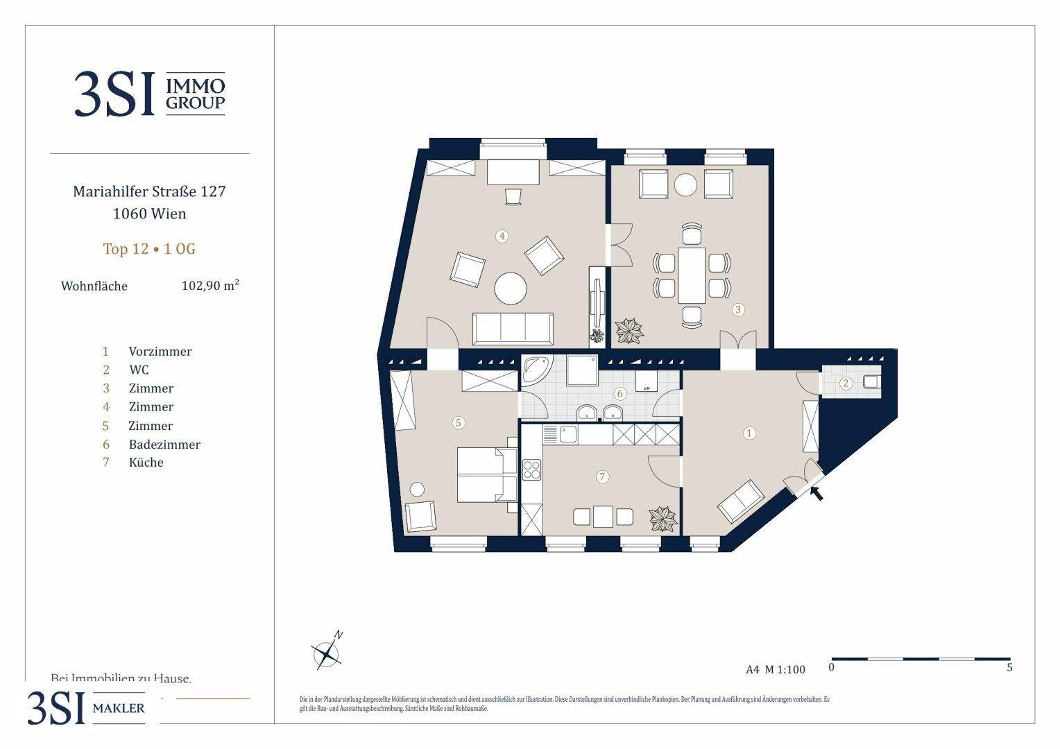 Grundriss der Wohnung mit 102,90 m² Wohnfläche, mehreren Zimmern und Balkon.