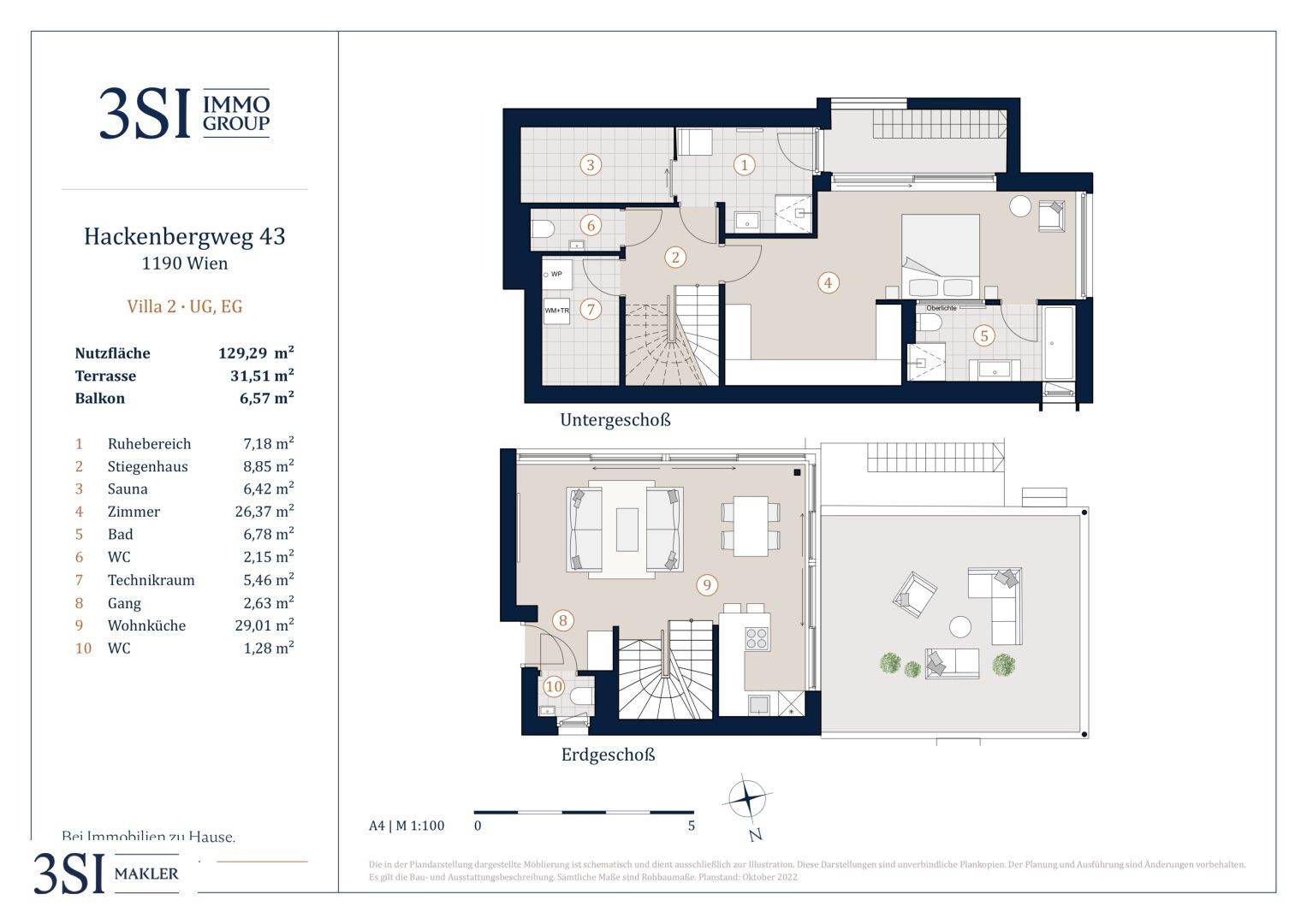Grundriss einer Villa mit Unter- und Erdgeschoss, inklusive Sauna, Terrasse und mehreren Zimmern.