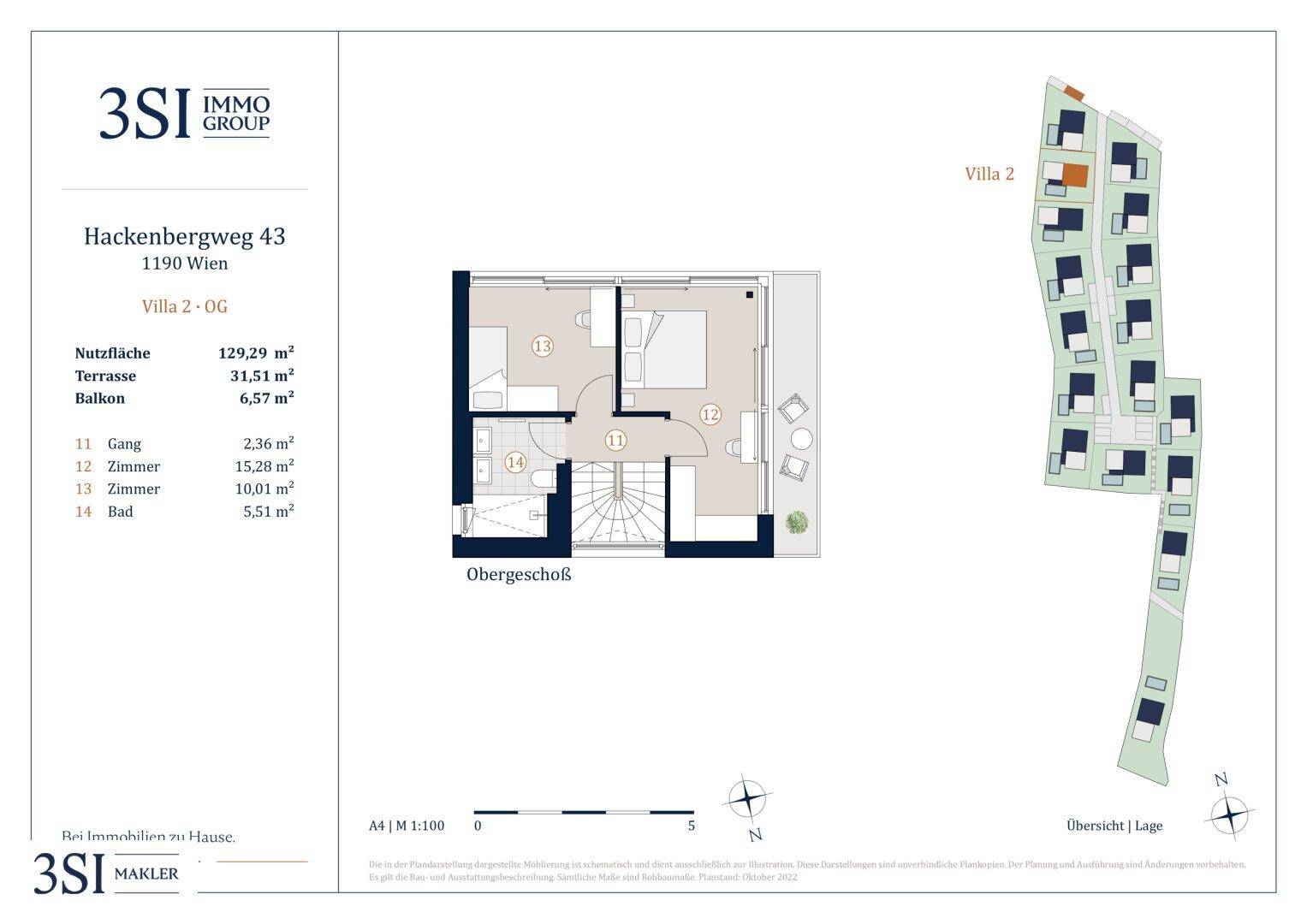 Grundriss des Obergeschosses einer Villa mit Schlafzimmern und Badezimmer, ergänzt durch eine Übersicht der Villenlage.