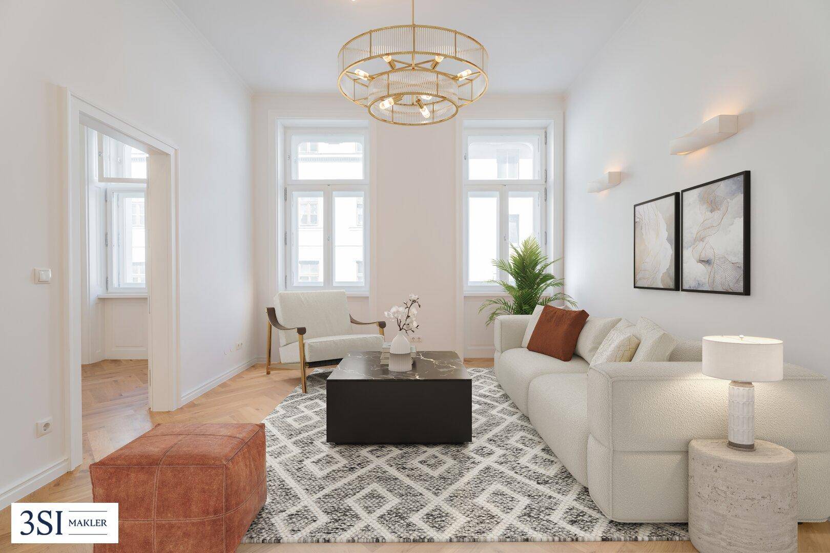 Gemütliches Wohnzimmer mit modernem Design, Parkettboden und einem dekorativen Kronleuchter.