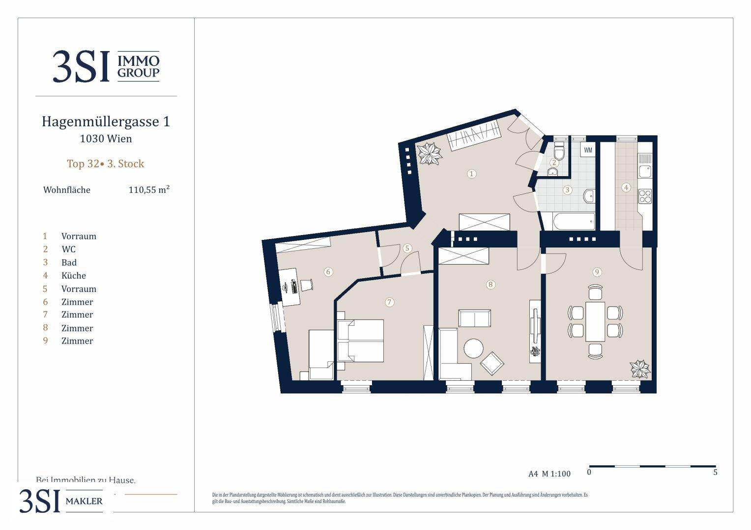 Detaillierter Grundriss einer Wohnung mit 110,55 m² Wohnfläche und mehreren Zimmern.