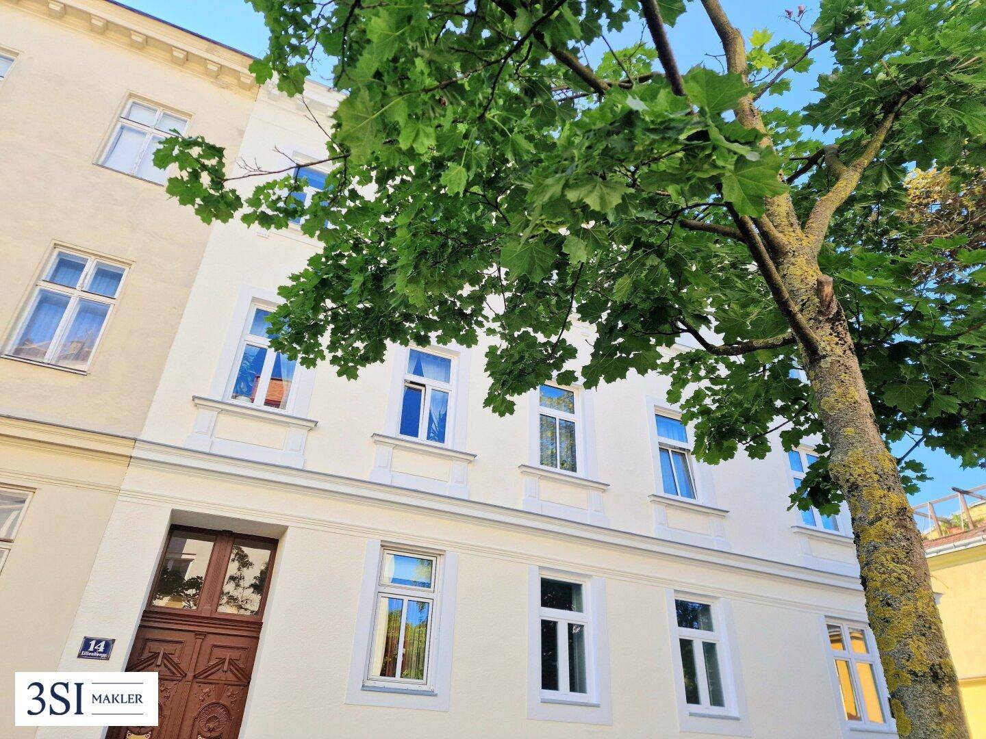 Die helle Gebäudefassade mit dem Eingangsbereich und einem großen Baum davor.