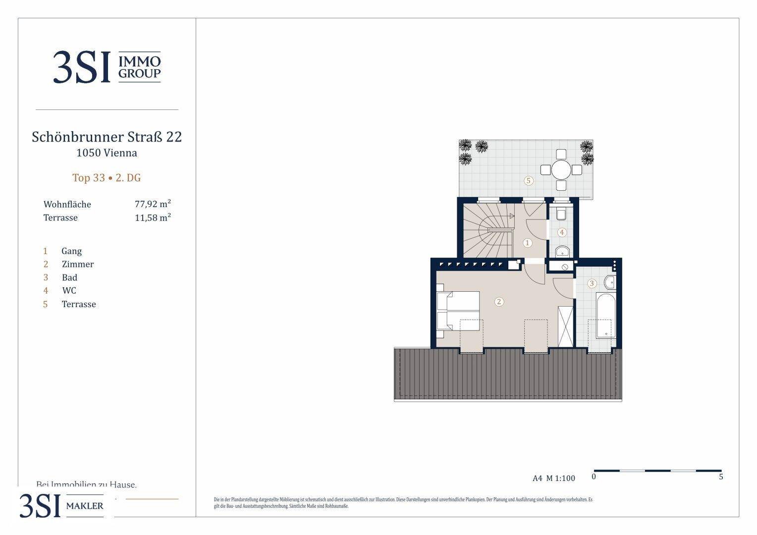 Grundriss des zweiten Obergeschosses mit Schlafzimmer, Bad und großer Dachterrasse.