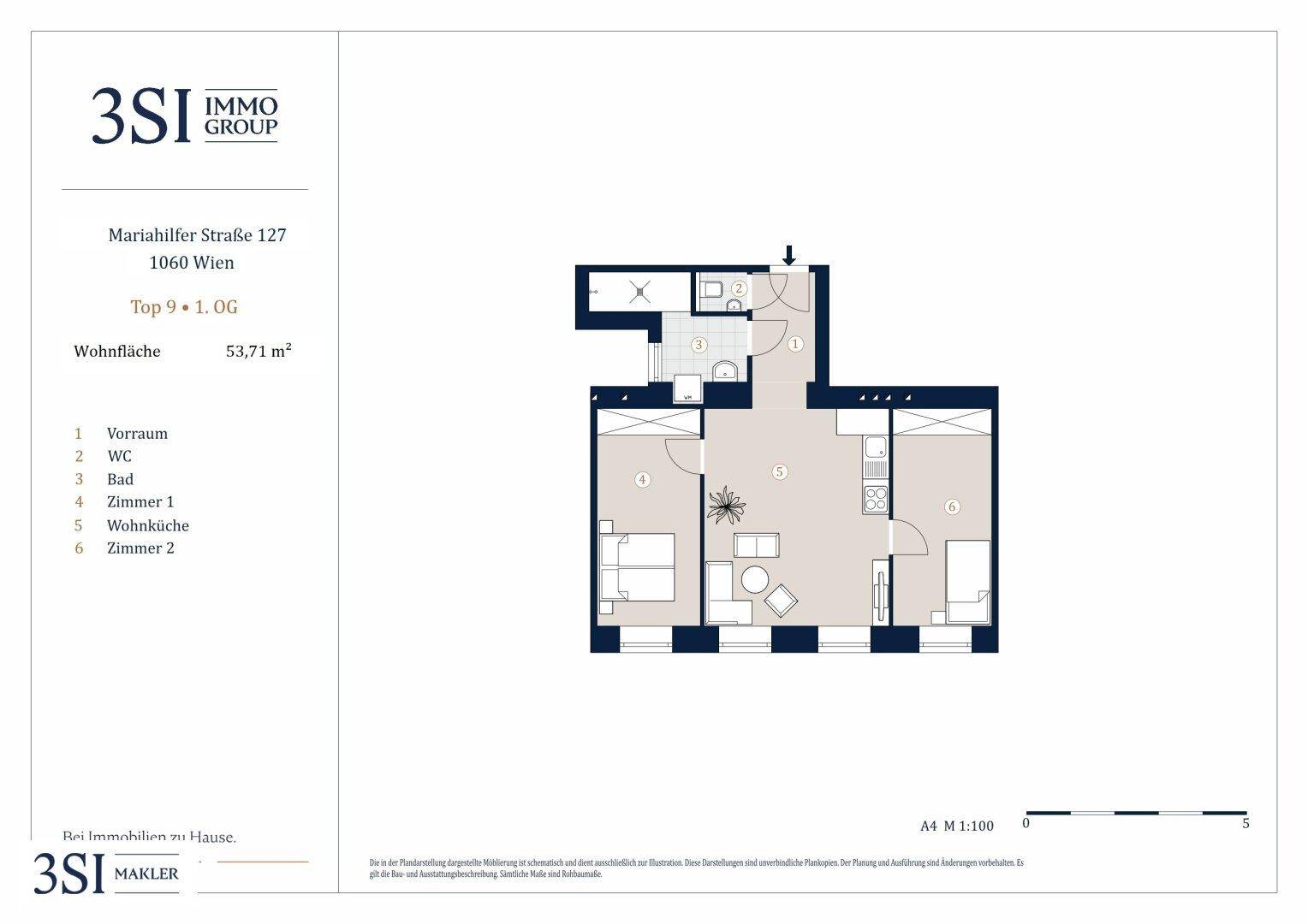 Grundriss einer Wohnung mit Wohnküche, zwei Zimmern, Bad und separatem WC.