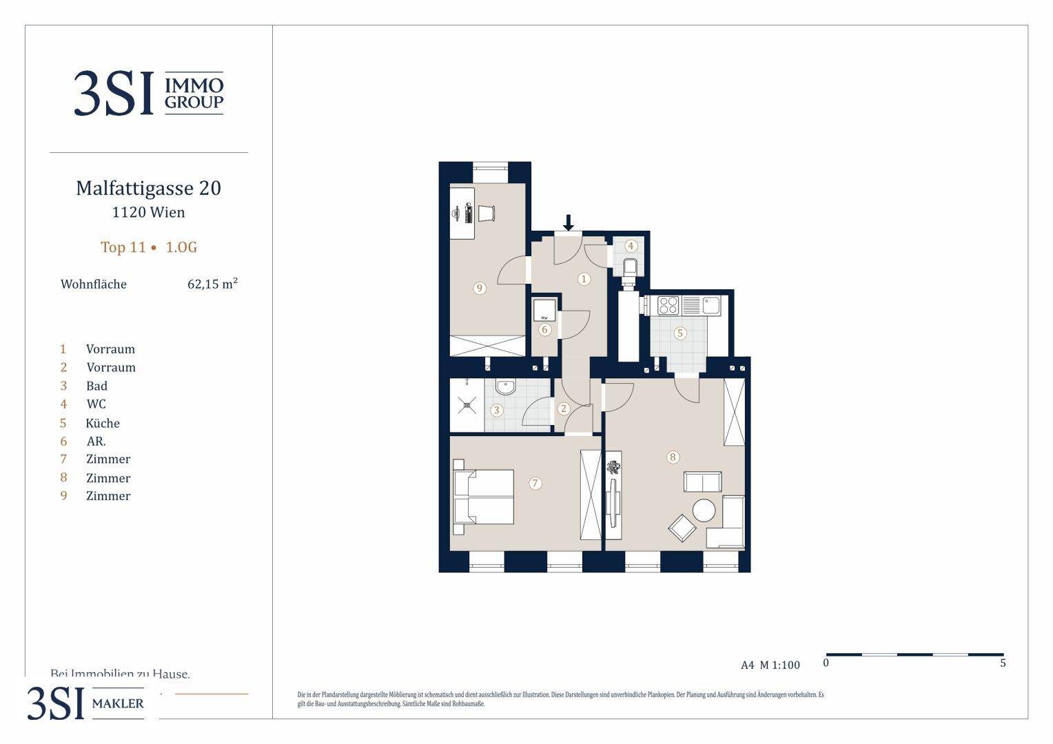 Grundriss der Wohnung mit 62,15 m² Wohnfläche und Raumaufteilung.