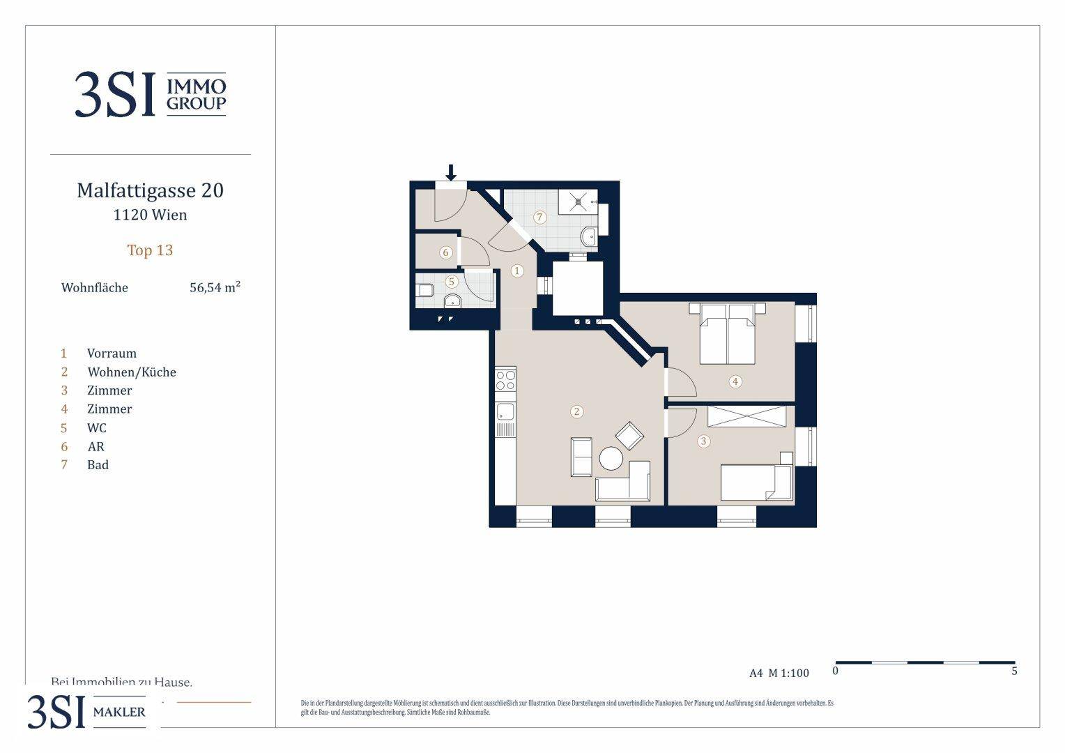 Grundriss der Wohnung Malfattigasse 20, Top 13, mit 56,54 m² Wohnfläche.