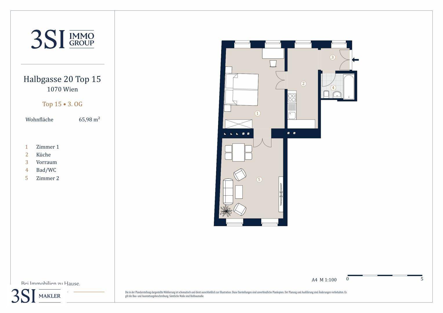 Grundriss einer Wohnung mit offenem Wohnbereich, zwei Schlafzimmern und einem Badezimmer.