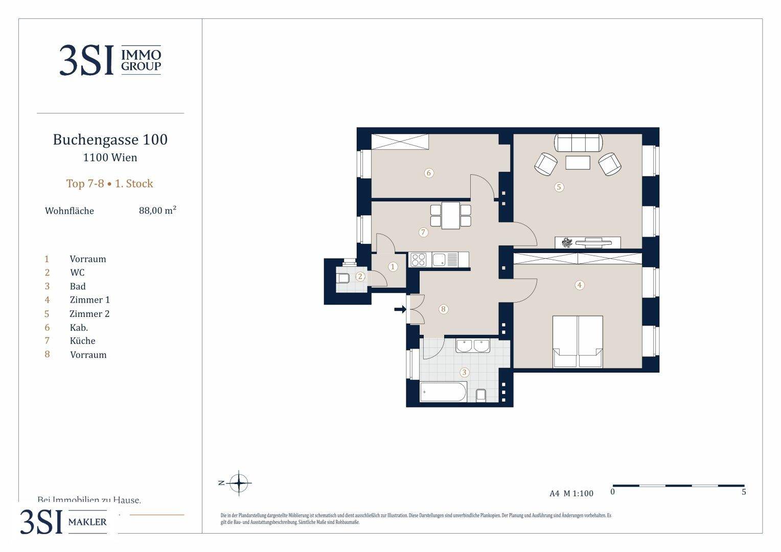 Grundriss der Wohnung mit offenem Wohnbereich, zwei Schlafzimmern und Balkonzugang.