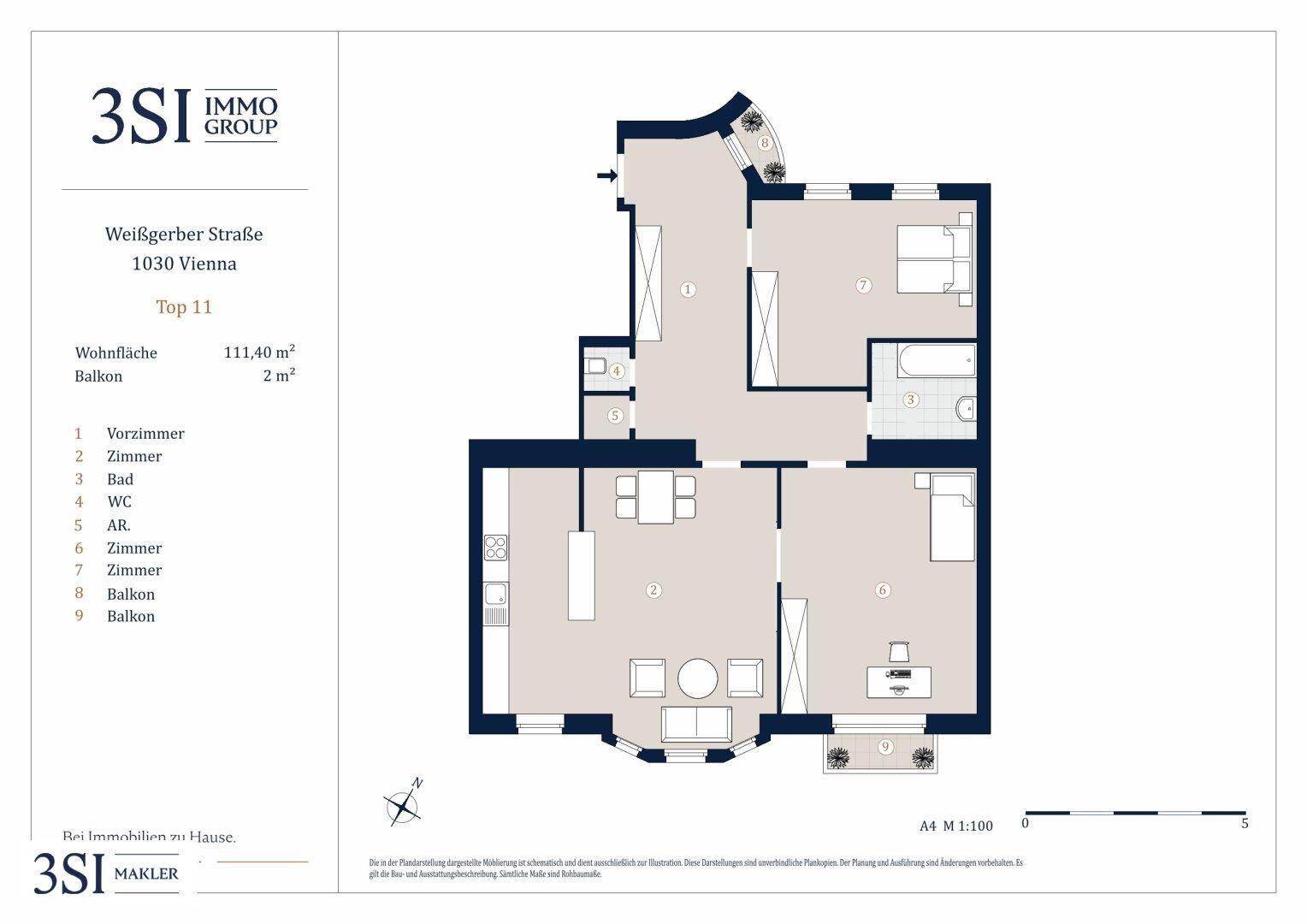 Detaillierter Grundriss einer Wohnung mit 111,40 m² Wohnfläche und Balkon.