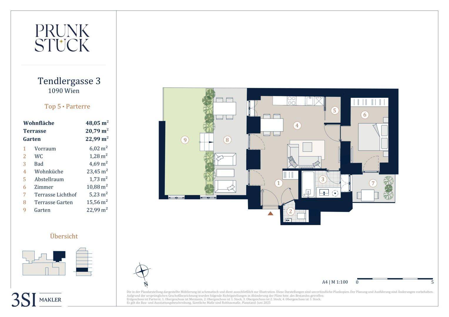 Grundriss einer Wohnung mit offener Wohnküche, einem Schlafzimmer, Bad, separatem WC, Abstellraum, Terrasse und Garten.