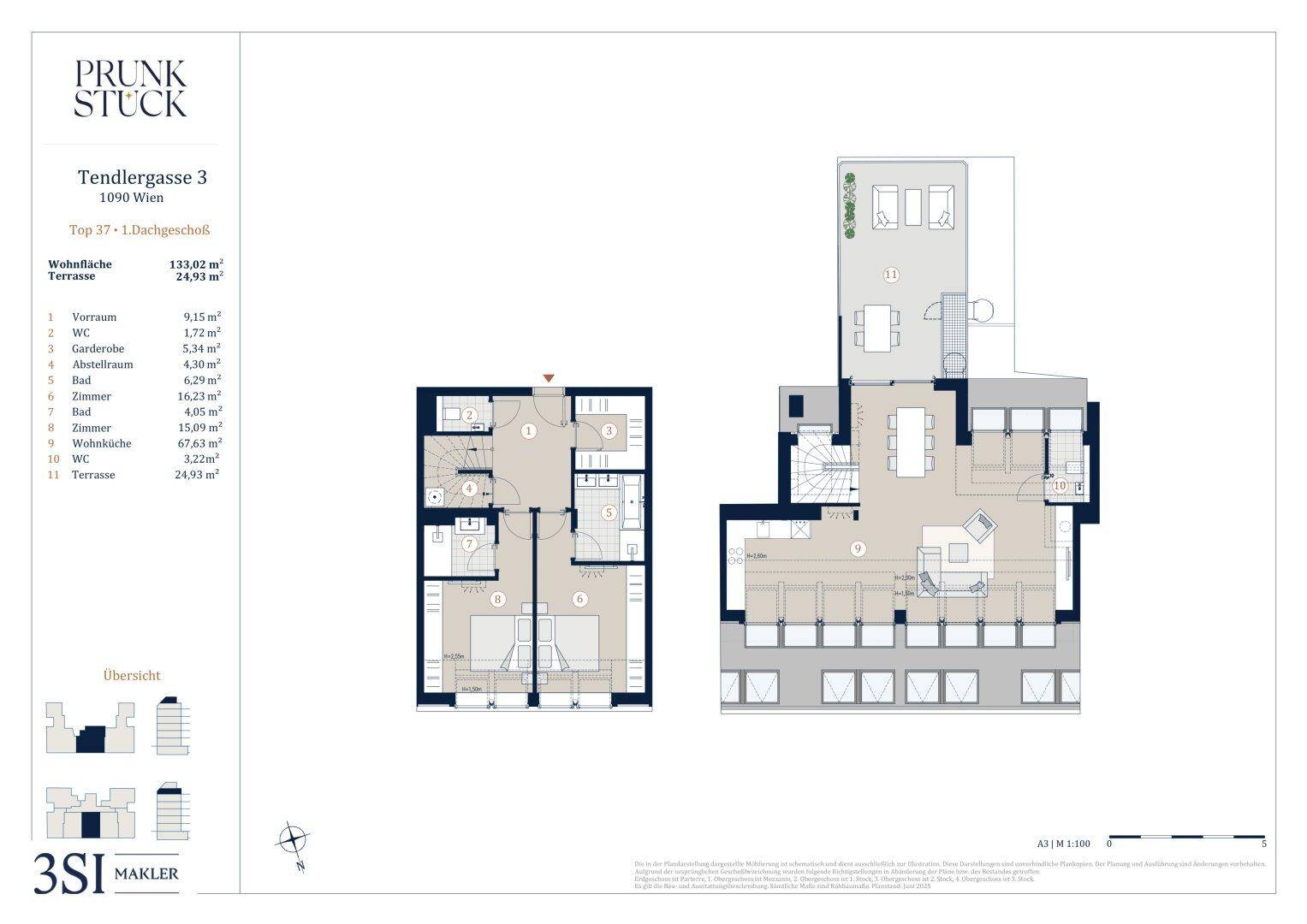 Grundriss einer Maisonette-Wohnung über zwei Ebenen mit offener Wohnküche und großer Dachterrasse.