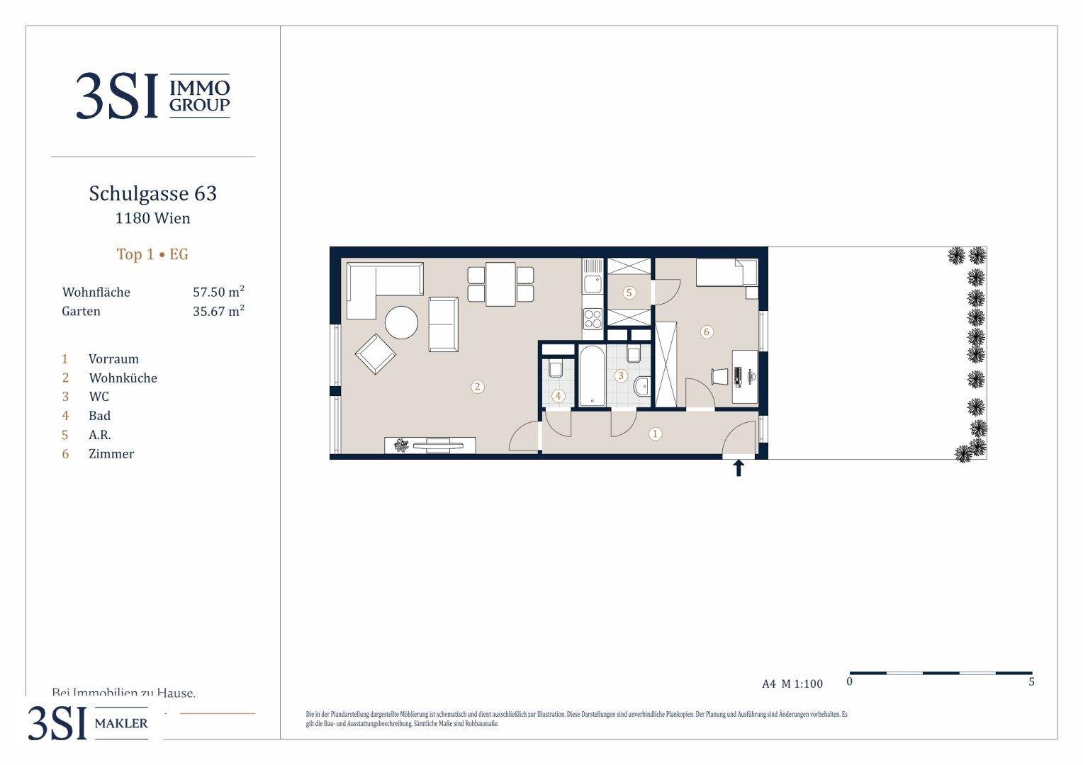 Grundriss der Wohnung Top 1 im Erdgeschoss mit Wohnküche, Bad und Garten.