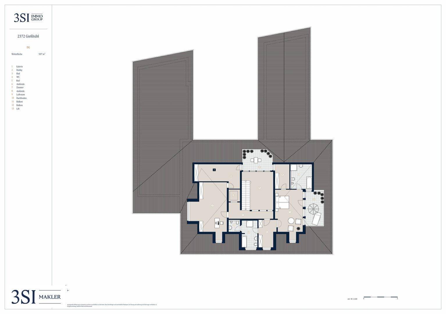 Grundriss des Obergeschosses unter einem Mansarddach, mit Schlafzimmern, Bädern und einem kleinen Balkon.