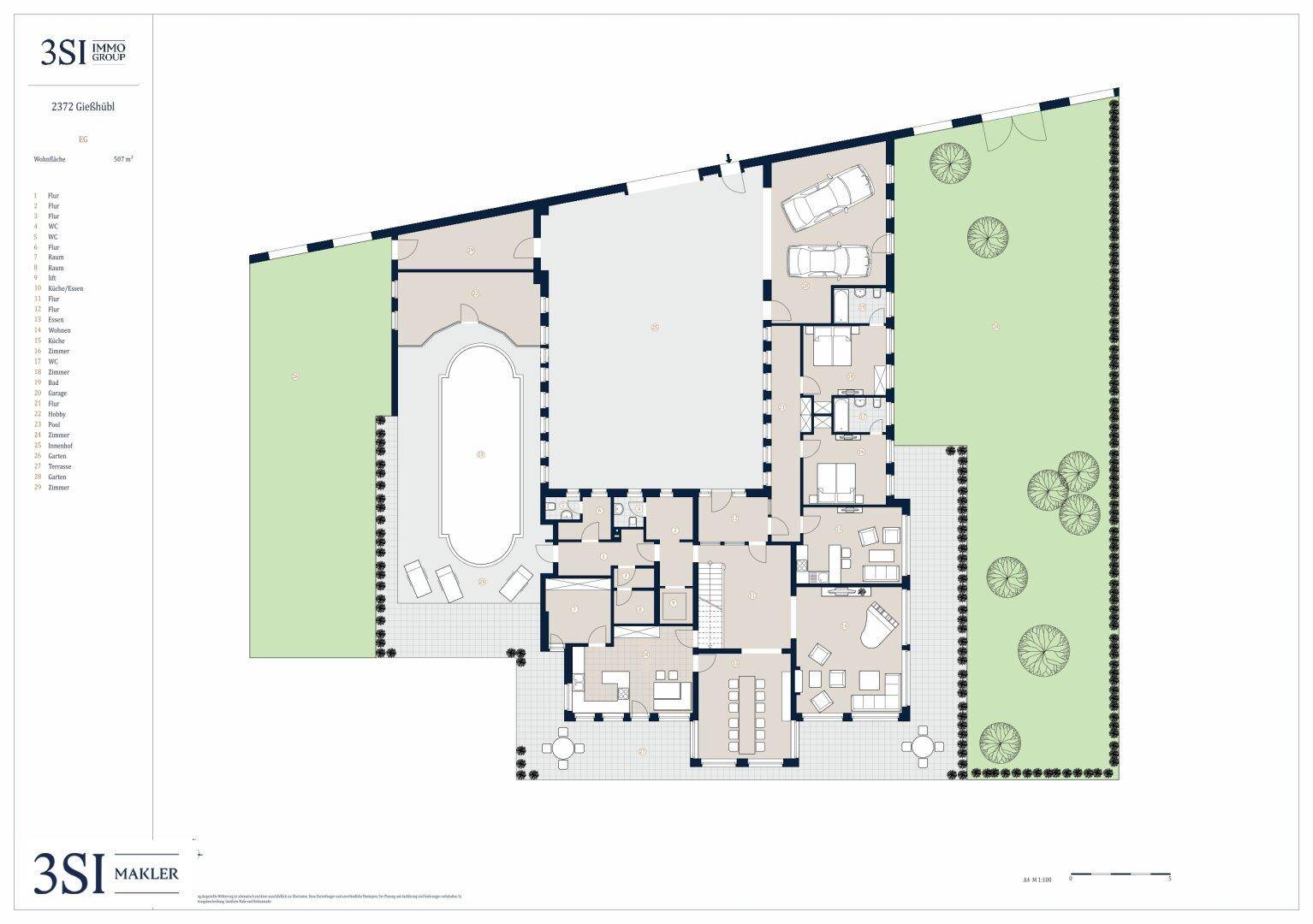Detaillierter Grundriss des Erdgeschosses mit großem Wohnbereich, mehreren Zimmern, Außenpool und weitläufigen Terrassen.