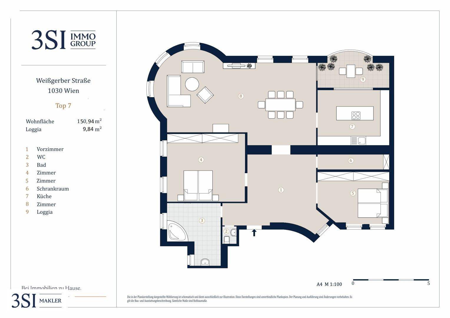 Detaillierter Grundriss einer Wohnung mit mehreren Zimmern und Loggia.