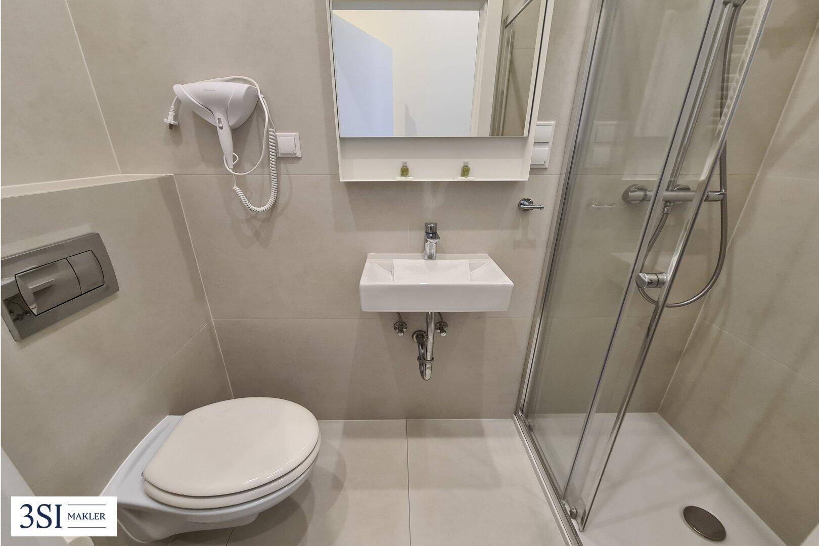Kompaktes Badezimmer mit Duschkabine, WC und kleinem Waschbecken.