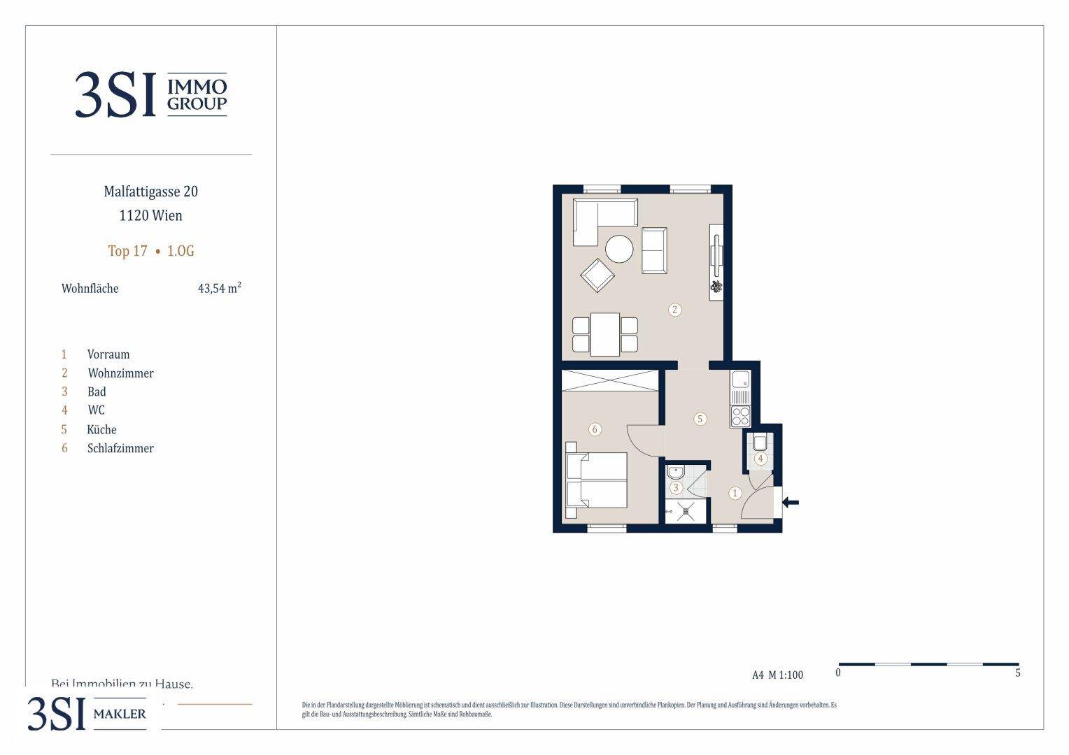 Grundriss einer Wohnung mit Wohnzimmer, Schlafzimmer, Küche und Bad auf 43,54 m².