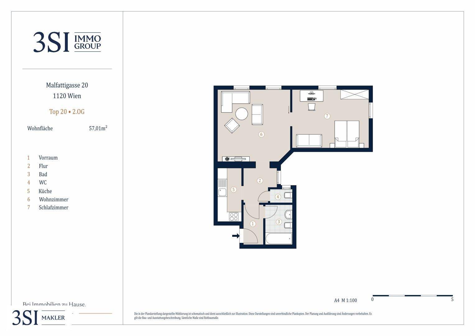 Grundriss einer 57,01m² großen Wohnung mit Wohnzimmer, Schlafzimmer und Bad.