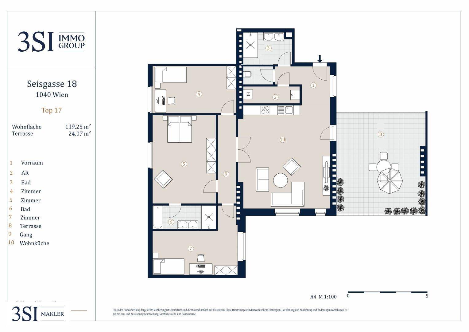 Detaillierter Grundriss einer Wohnung mit mehreren Zimmern, zwei Bädern, einer Wohnküche und einer großzügigen Terrasse.