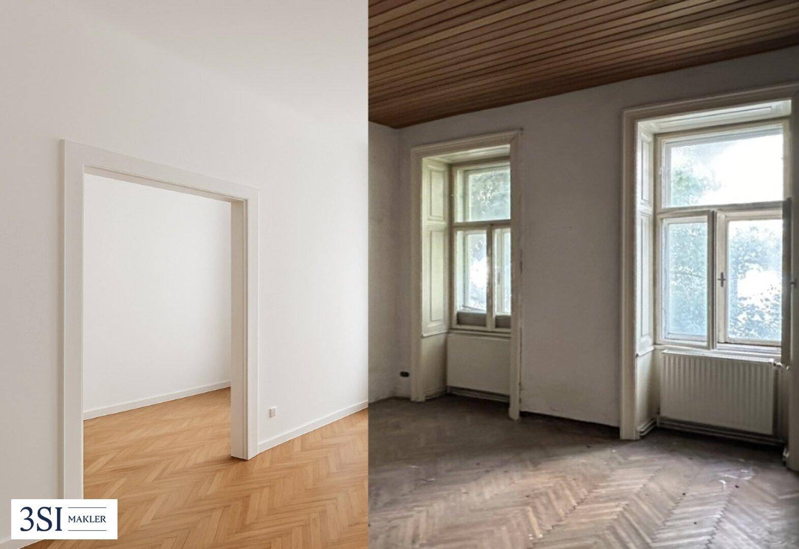 Renovierter Raum mit Parkettboden im Vergleich zum ursprünglichen Zustand mit Holzdecke und alten Fenstern.