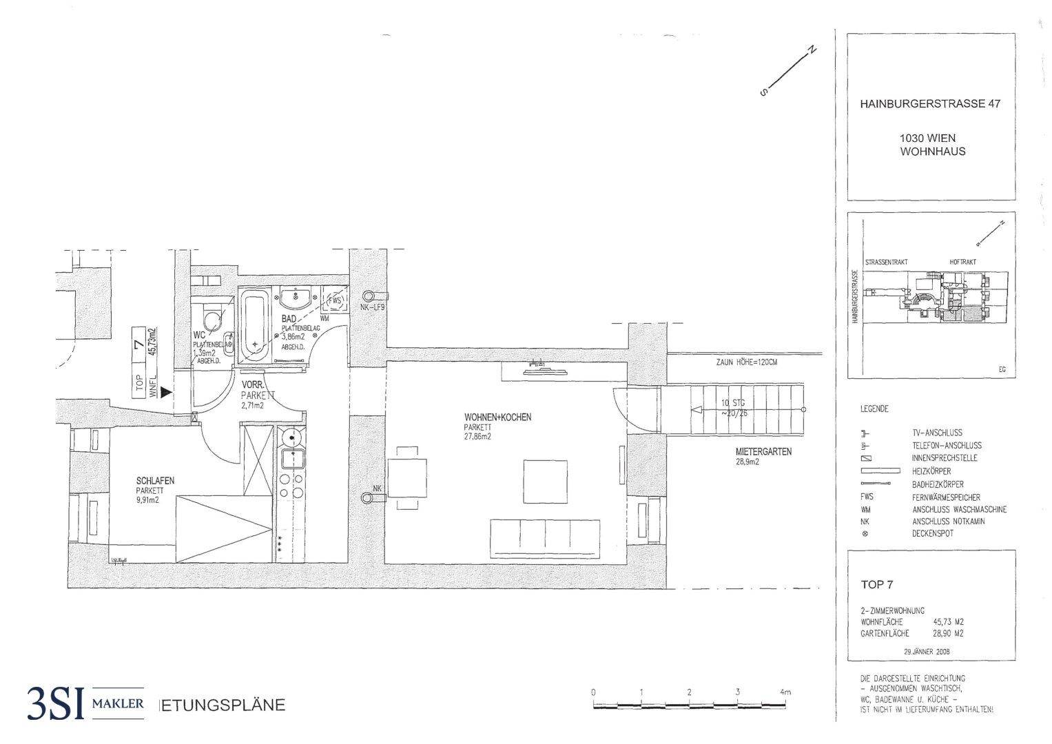 Grundriss einer 2-Zimmer-Wohnung mit Wohnküche, Schlafzimmer und Bad.