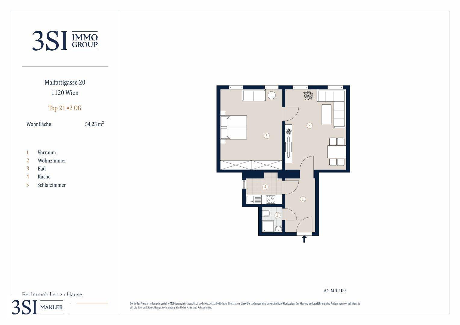 Grundriss einer Wohnung mit 54,23 m² Wohnfläche, Schlafzimmer und Wohnzimmer.
