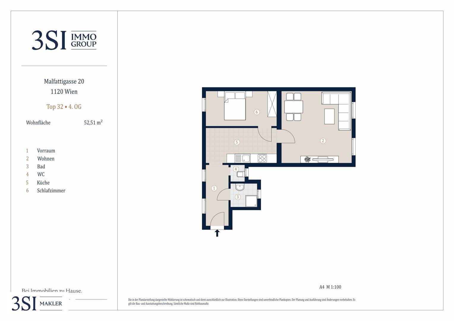 Grundriss einer Wohnung mit 52,51 m² Wohnfläche, Schlafzimmer und offenem Wohnbereich.