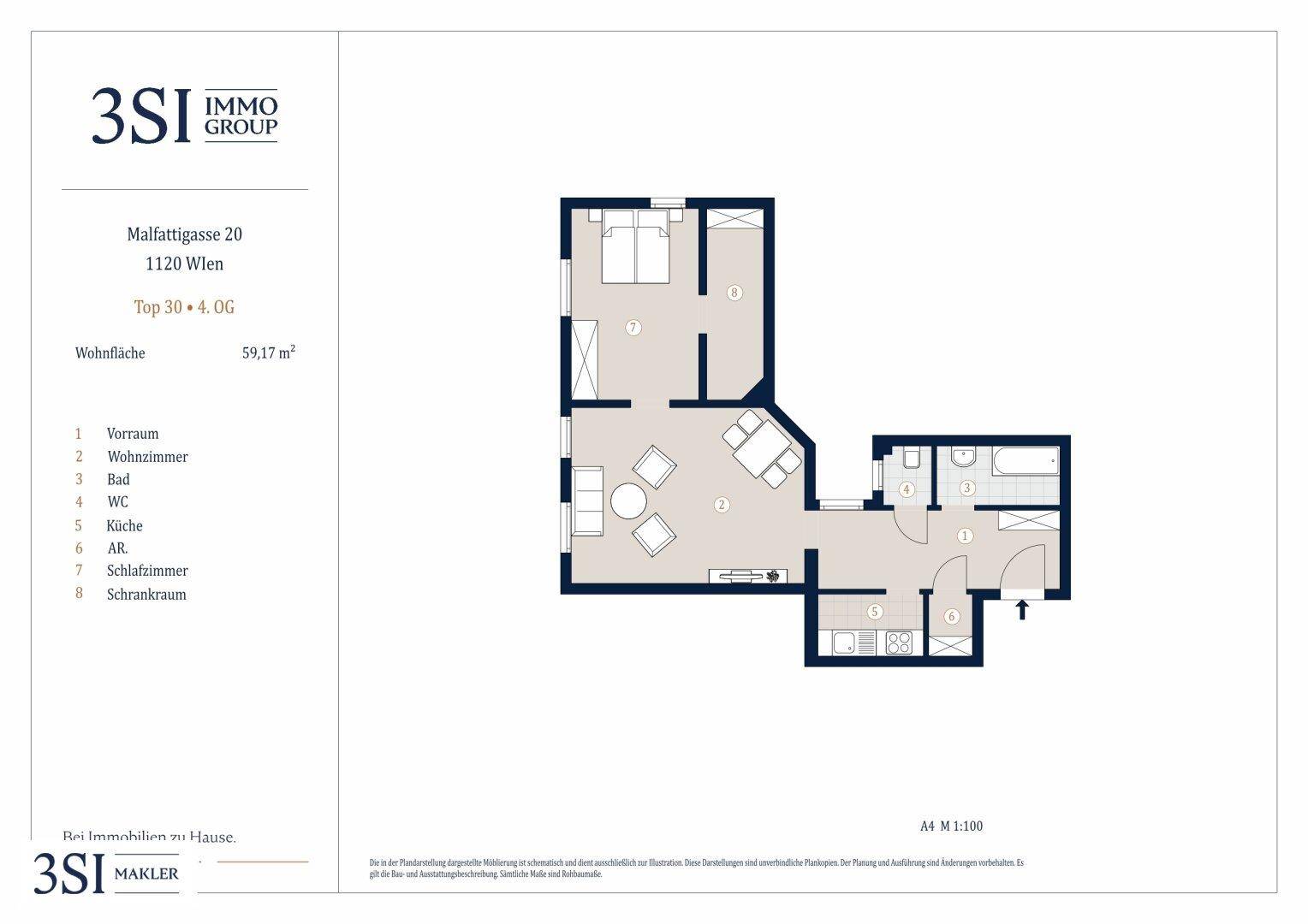 Grundriss einer Wohnung mit 59,17 m² Wohnfläche, Schlafzimmer und offenem Wohnbereich.