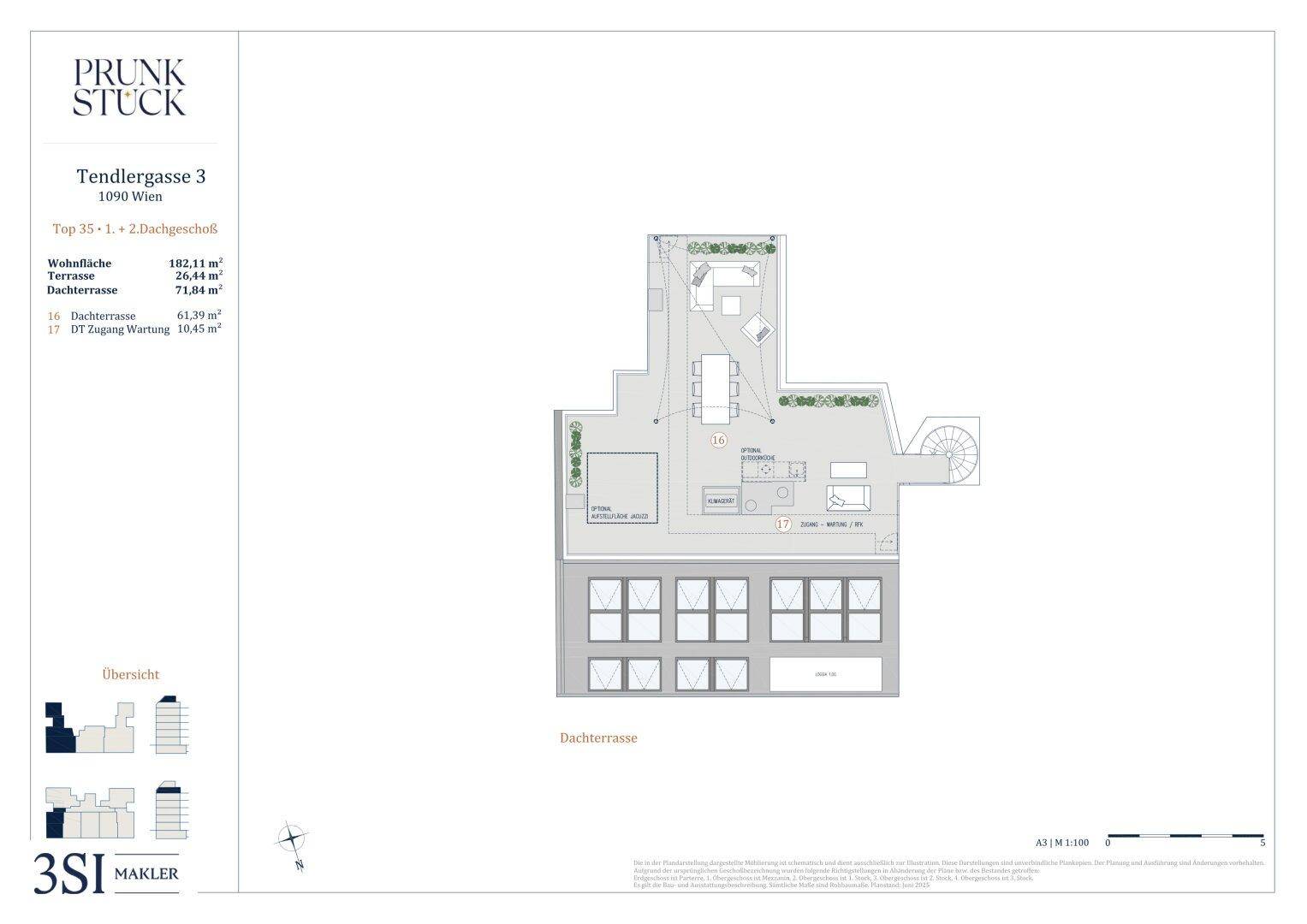 Grundriss der Dachterrasse mit Essbereich, Lounge und Grünflächen.