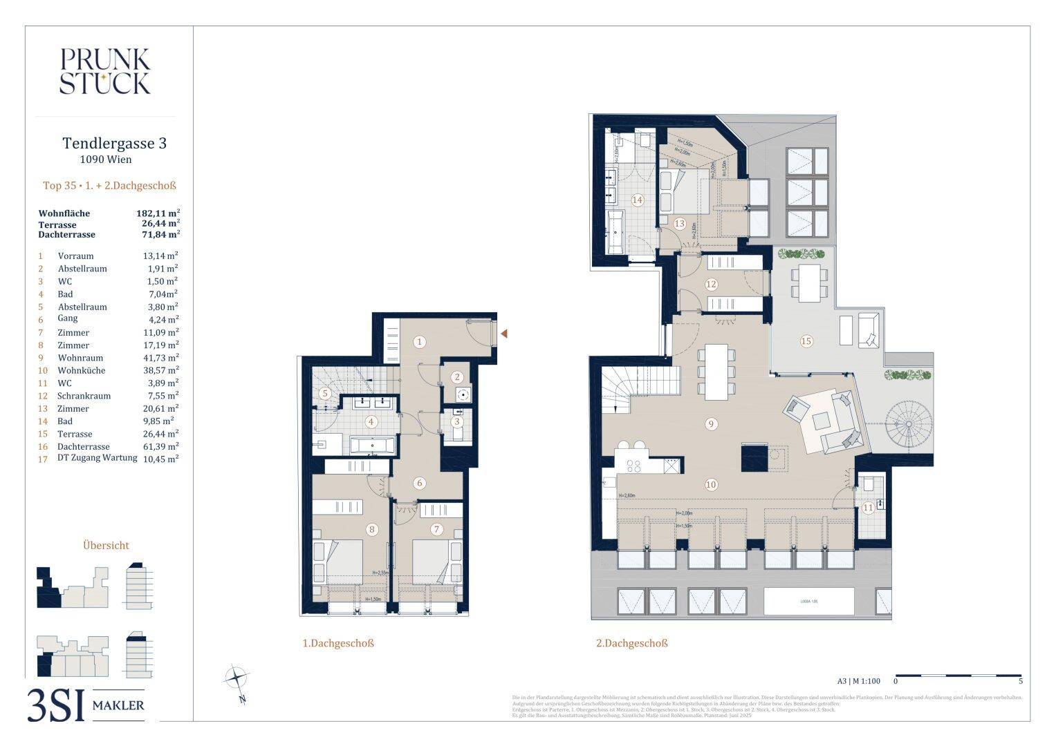Grundriss einer Maisonette-Wohnung über zwei Etagen mit Terrasse und Dachterrasse.