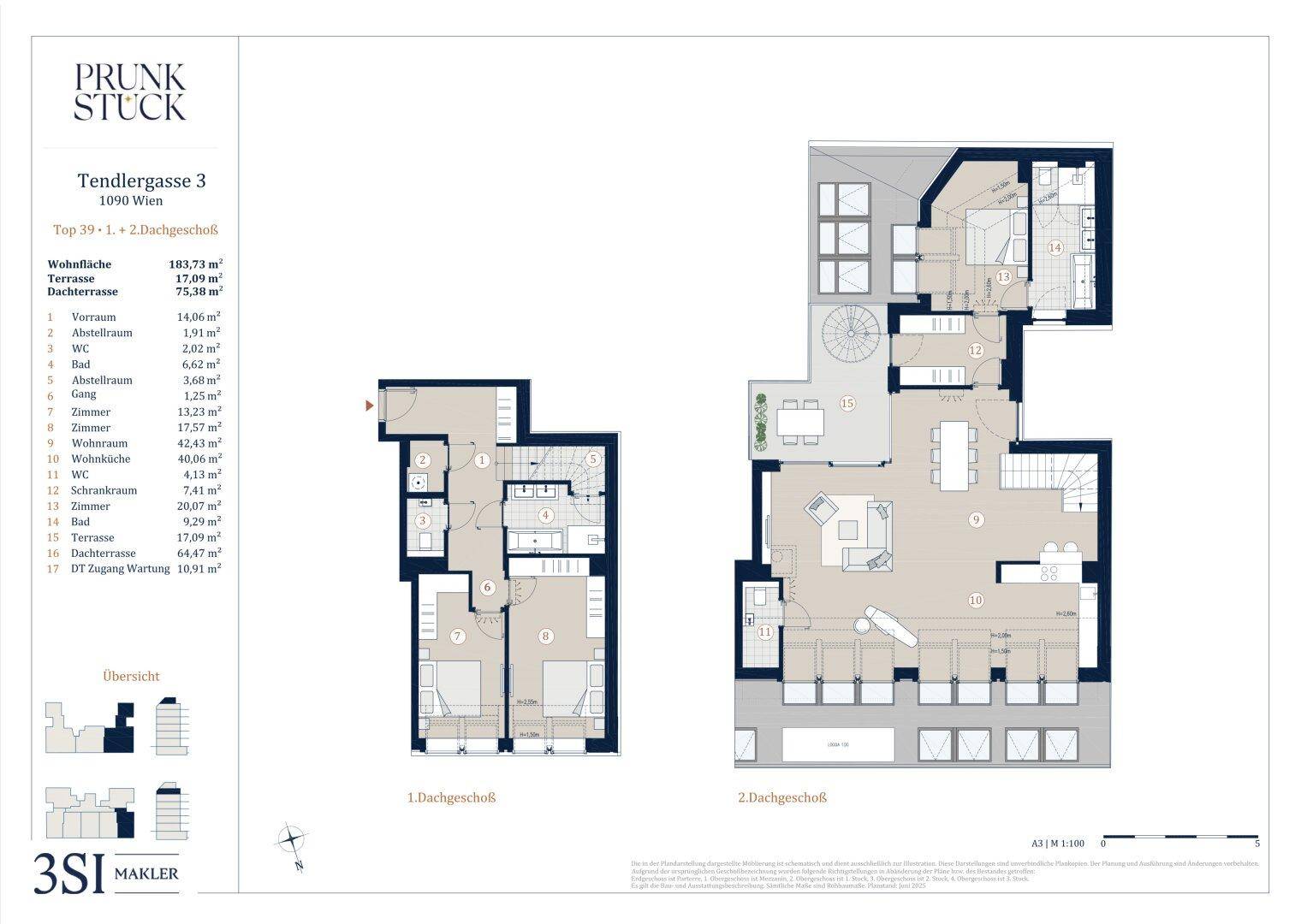 Mehrgeschossiger Grundriss einer Dachgeschosswohnung mit verschiedenen Räumen und Außenbereichen.
