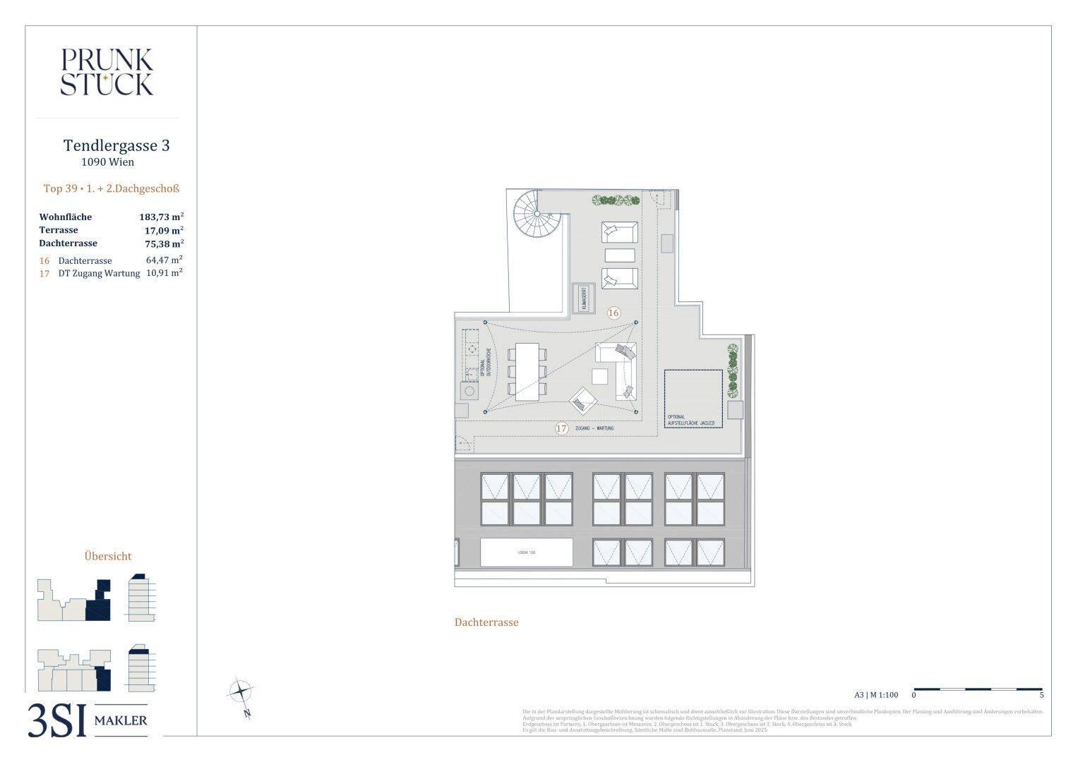 Grundriss der Dachterrasse mit großzügiger Fläche für Outdoor-Möbel und Zugang zur Wohnung.
