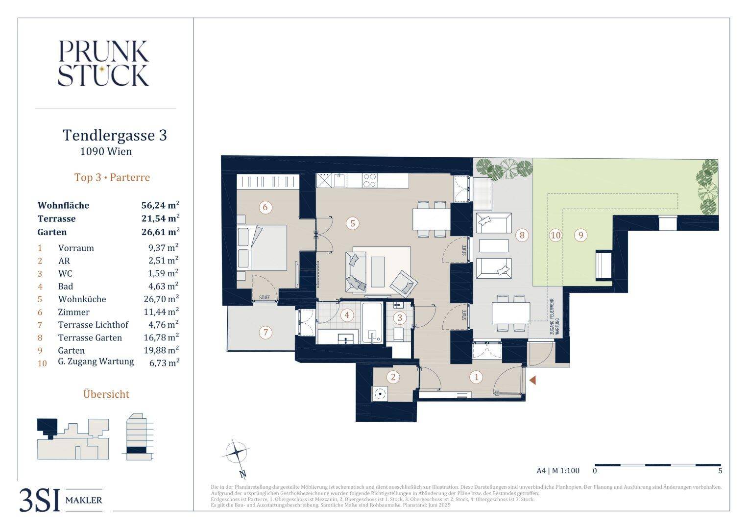 Detaillierter Grundriss einer Parterre-Wohnung mit offener Wohnküche, Schlafzimmer, Bad und großzügigen Außenbereichen wie Terrassen und Garten.