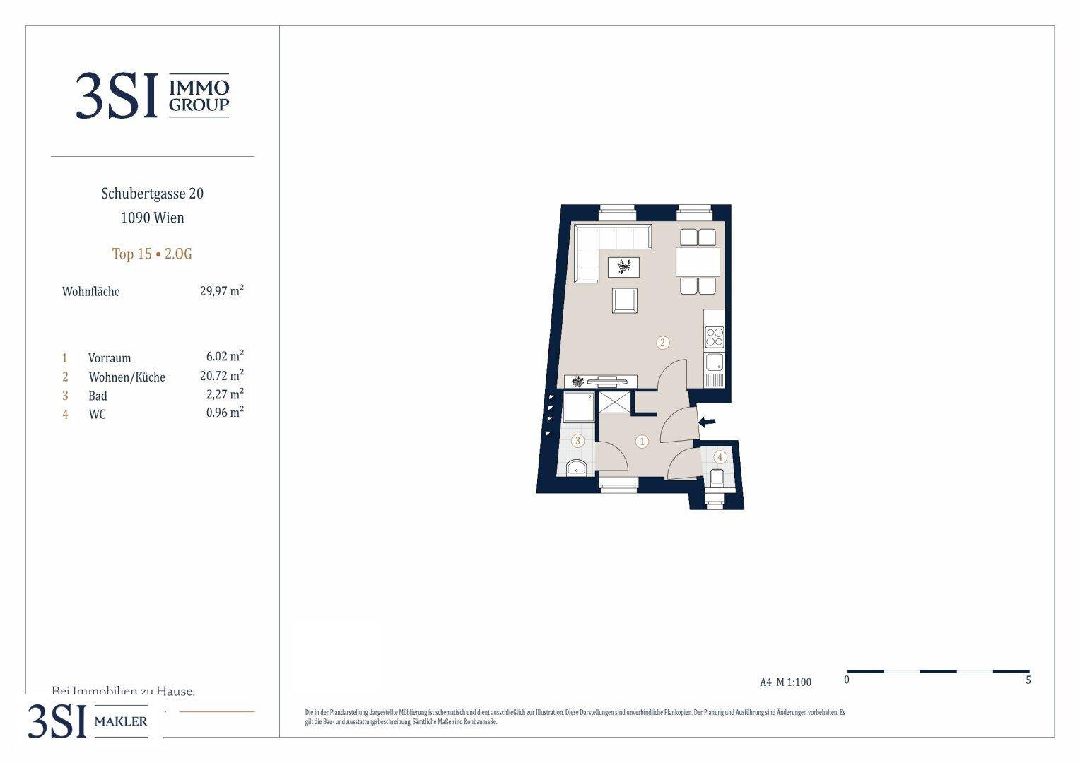 Grundriss der Wohnung mit Wohn-/Küchenbereich, Bad und WC.