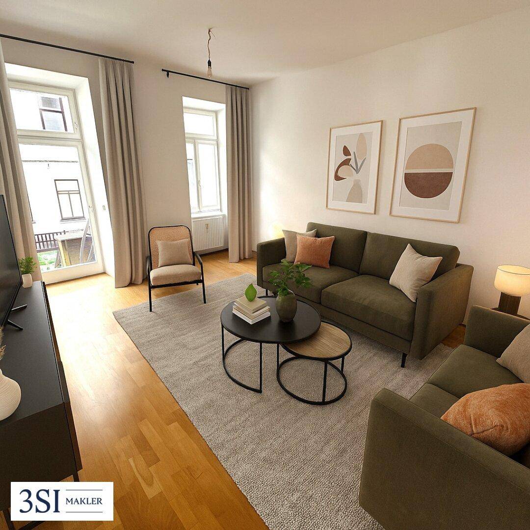 Stilvoll eingerichtetes Wohnzimmer mit bequemen Sofas, Holzboden und modernen Kunstwerken.