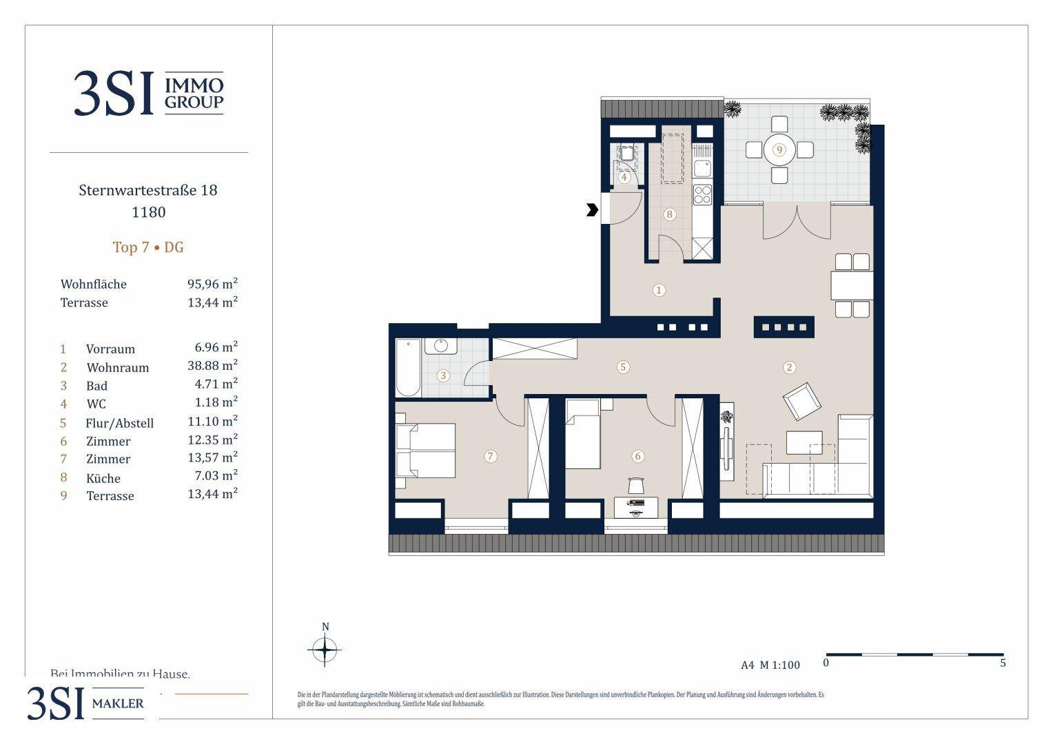 Grundriss einer modernen Wohnung mit offenem Wohnbereich, zwei Schlafzimmern und einer großzügigen Terrasse.