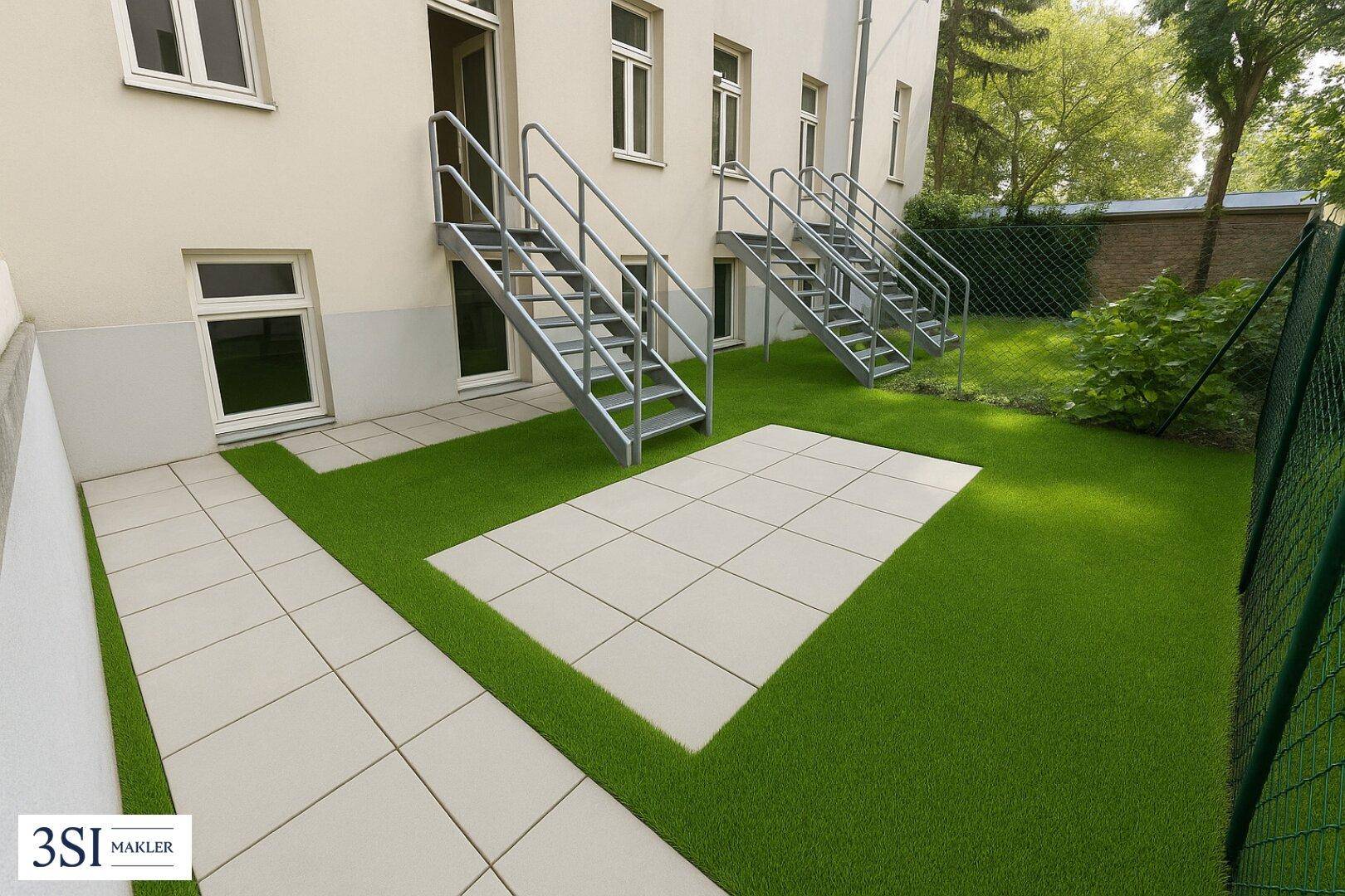 Gepflegter Gartenbereich mit Kunstrasen und Steinplatten, zugänglich über Außentreppen.