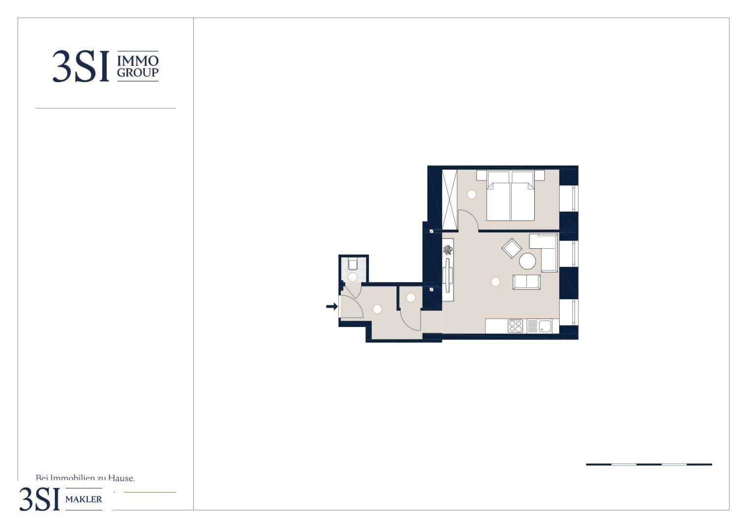 Grundriss einer Wohnung mit Schlafzimmer, Wohnbereich und Badezimmer.
