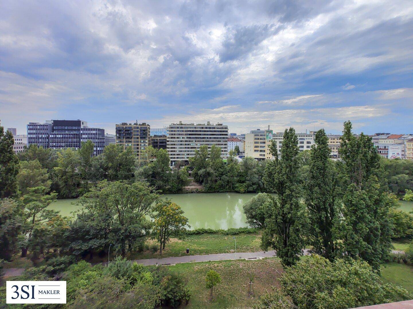 Weitläufiger Blick auf einen Fluss, grüne Bäume und die Stadtkulisse unter bewölktem Himmel.