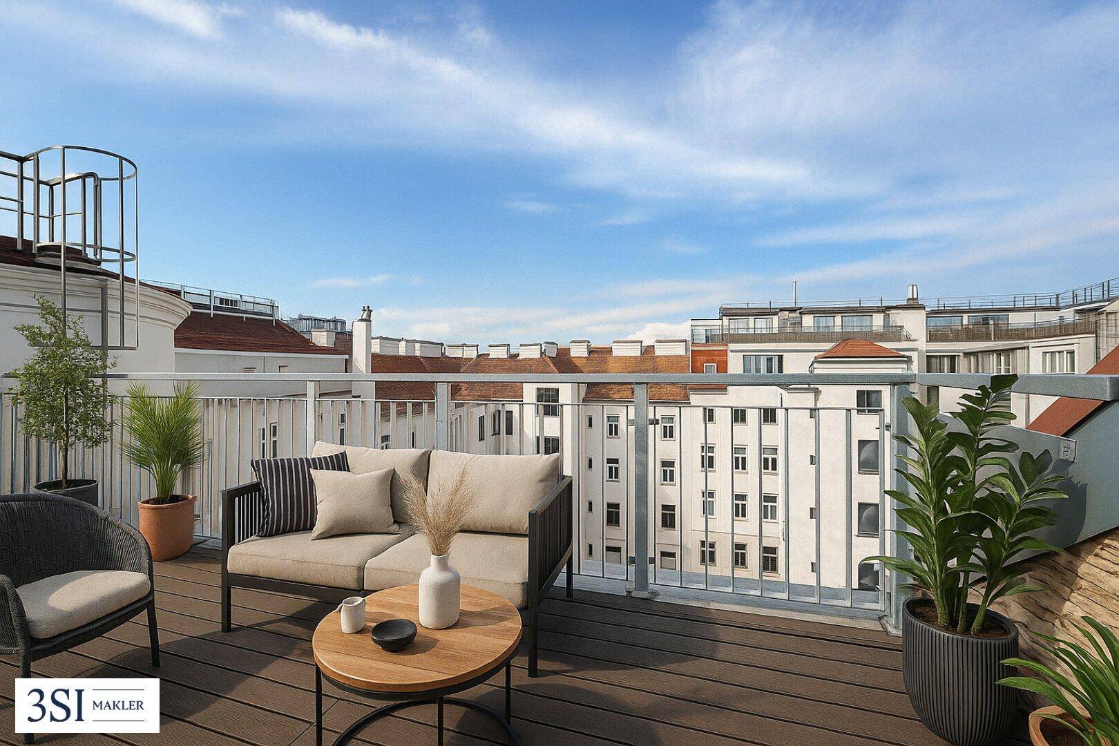 Geräumige Dachterrasse mit bequemen Outdoor-Möbeln und weitem Blick über die Stadt.