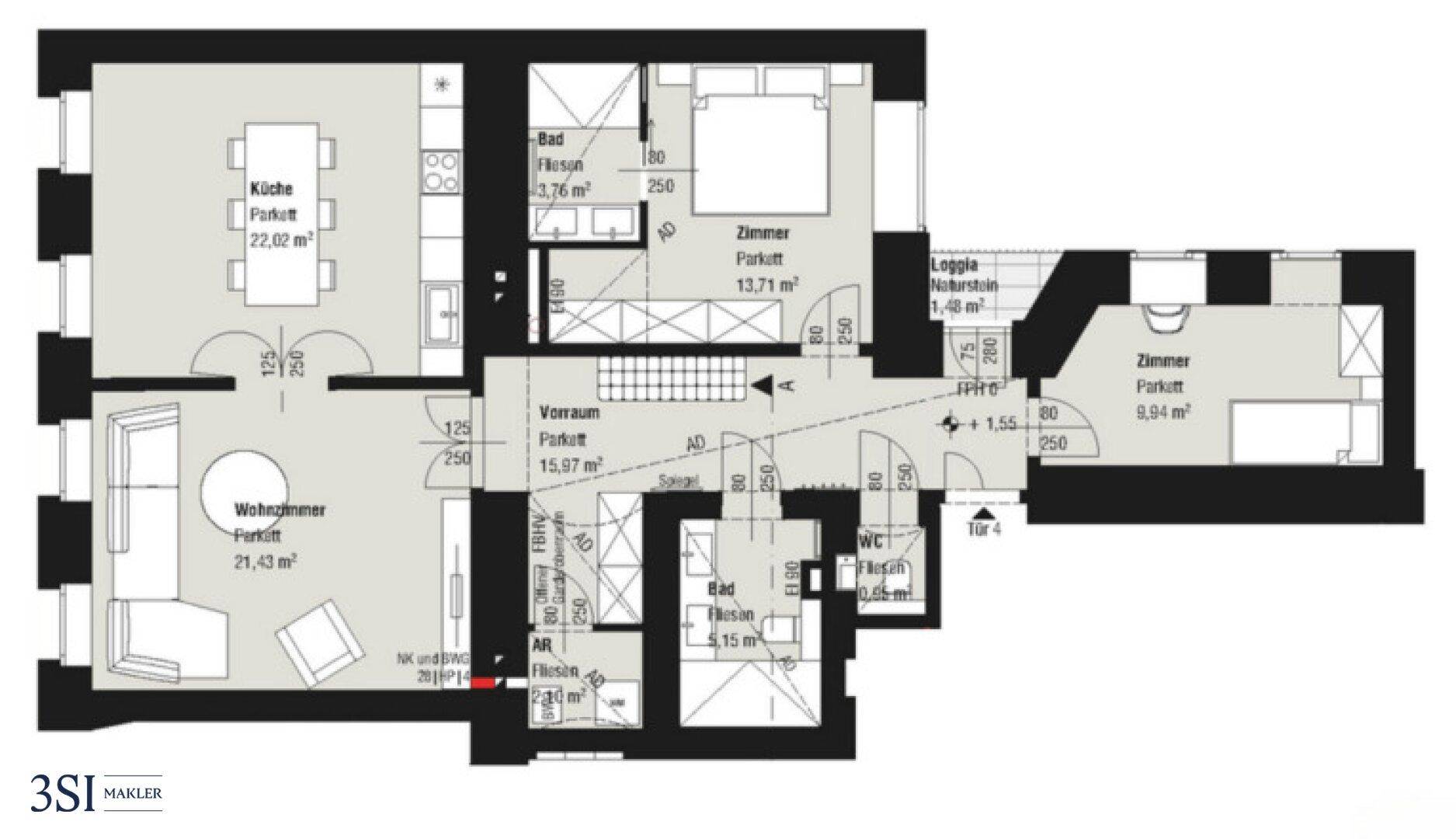 Detaillierter Grundriss einer Wohnung mit Küche, Wohnzimmer, Schlafzimmer und Loggia.